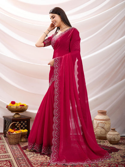 Latest Exquisite Red Velvet Chiffon saree