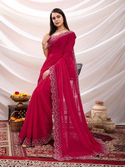 Latest Exquisite Red Velvet Chiffon saree