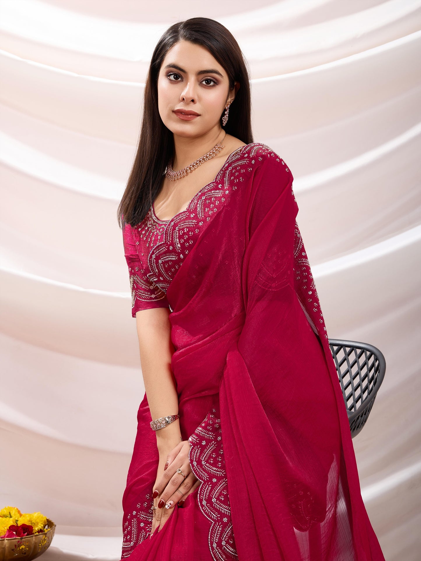 Latest Exquisite Red Velvet Chiffon saree