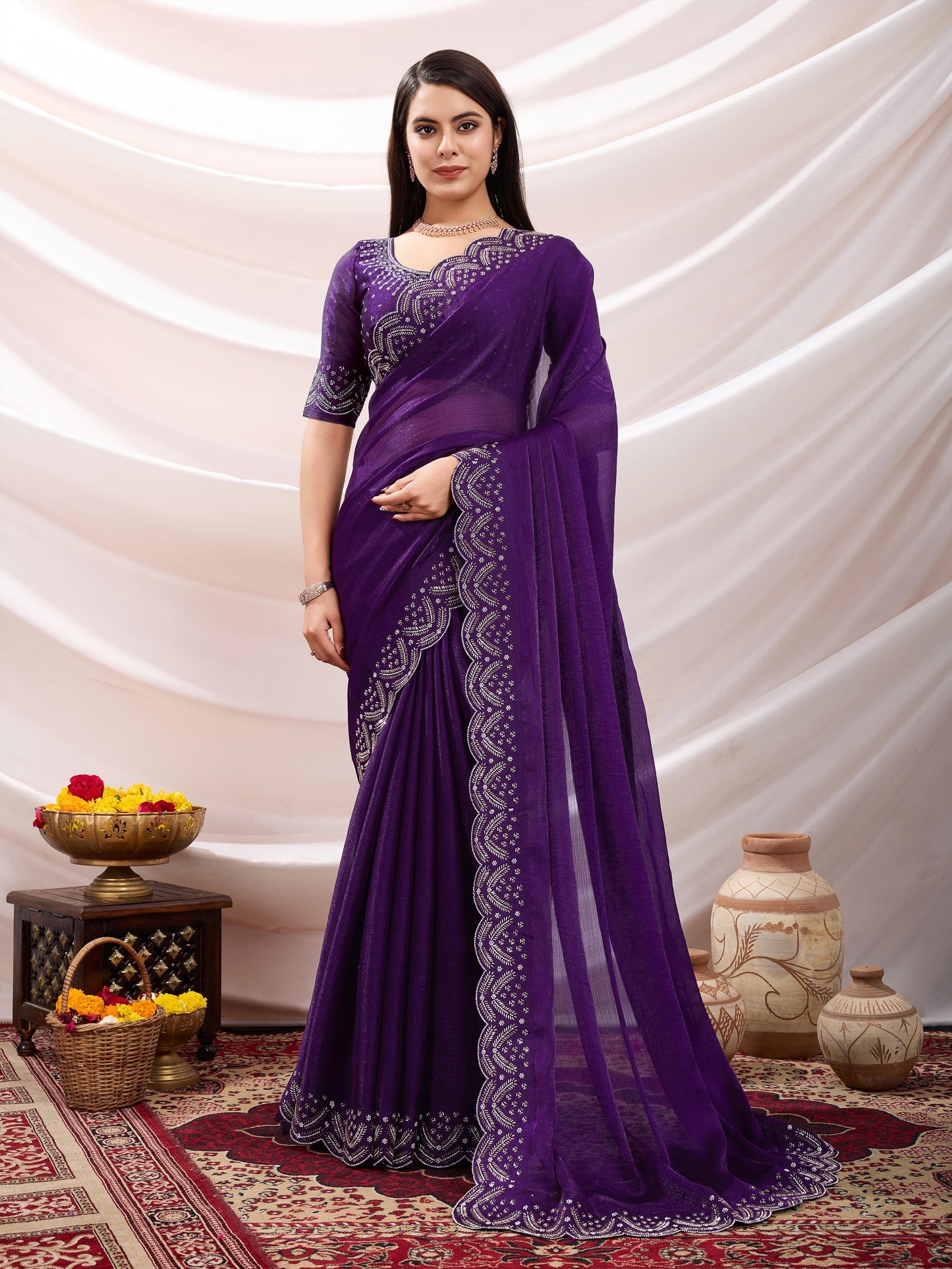 Latest  Exquisite Purple Velvet Chiffon Saree