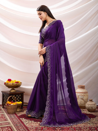 Latest  Exquisite Purple Velvet Chiffon Saree