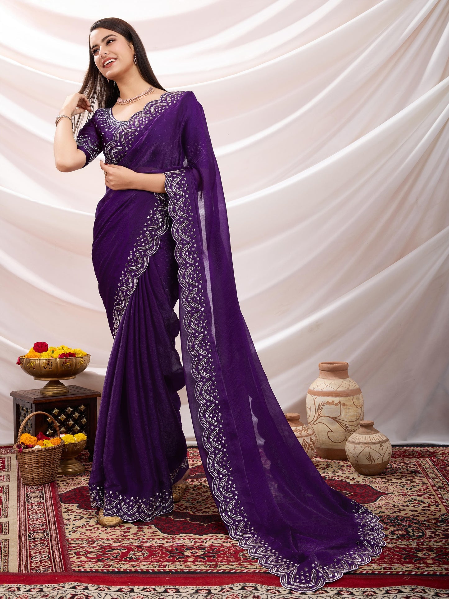 Latest  Exquisite Purple Velvet Chiffon Saree