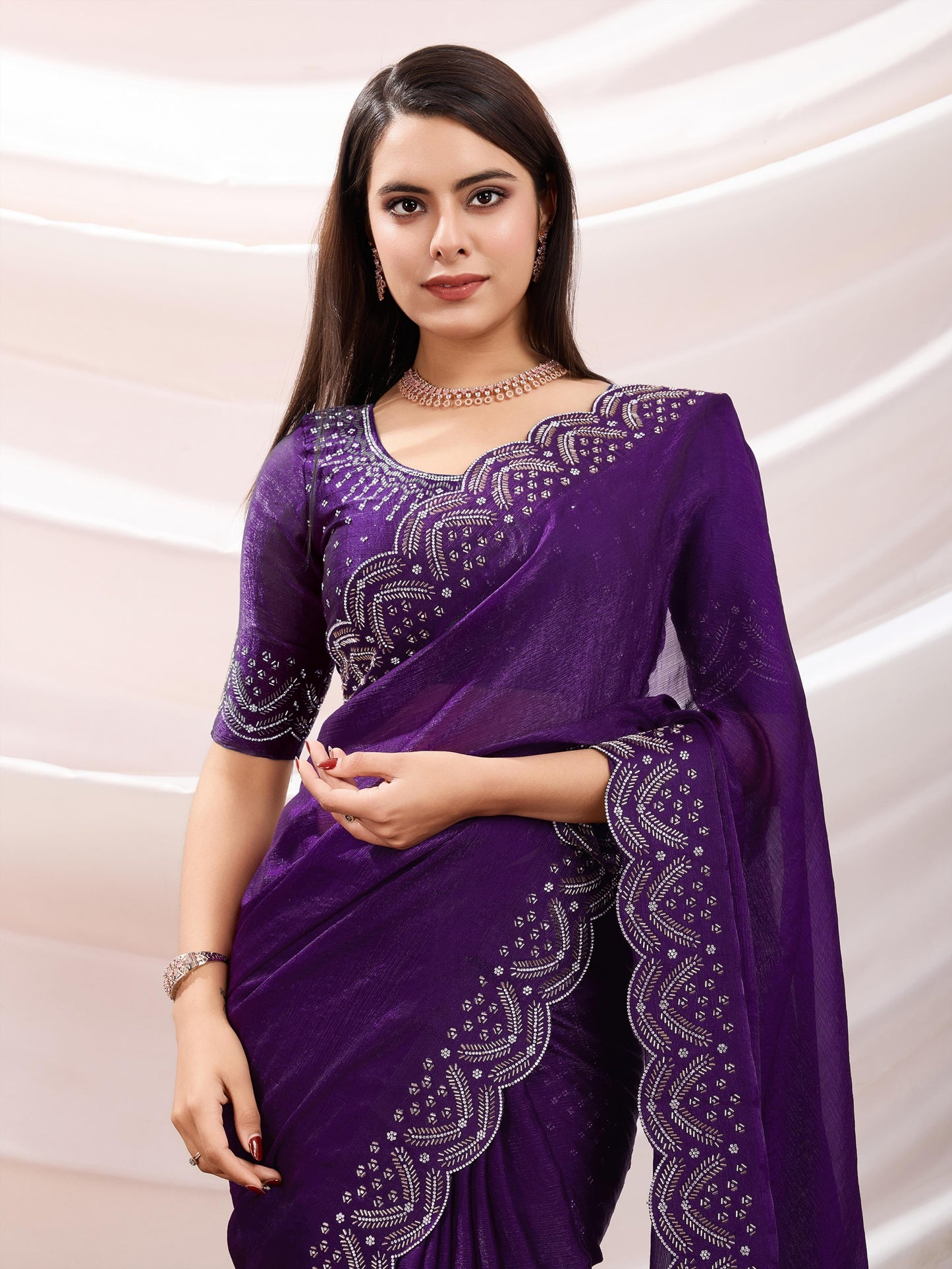 Latest  Exquisite Purple Velvet Chiffon Saree