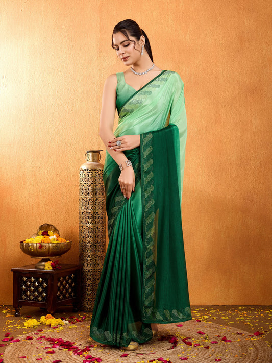 Rangira – Emerald Green Shaded Chinnon Saree with Swarovski Diamond Work