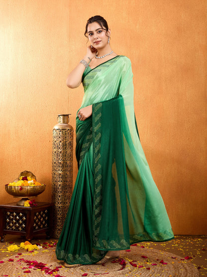 Rangira – Emerald Green Shaded Chinnon Saree with Swarovski Diamond Work