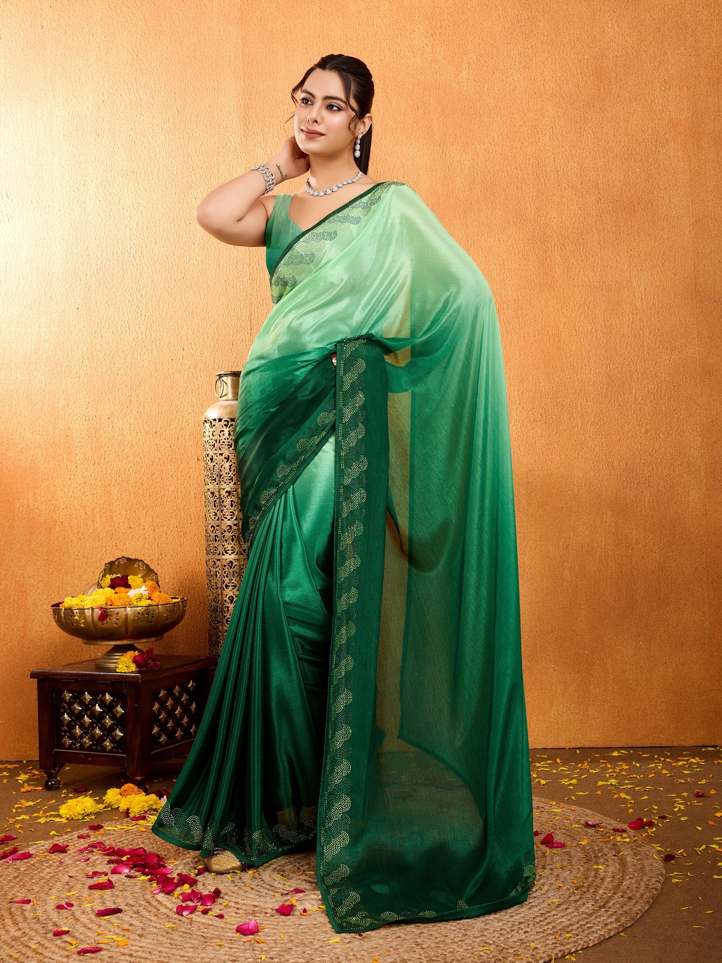 Rangira – Emerald Green Shaded Chinnon Saree with Swarovski Diamond Work