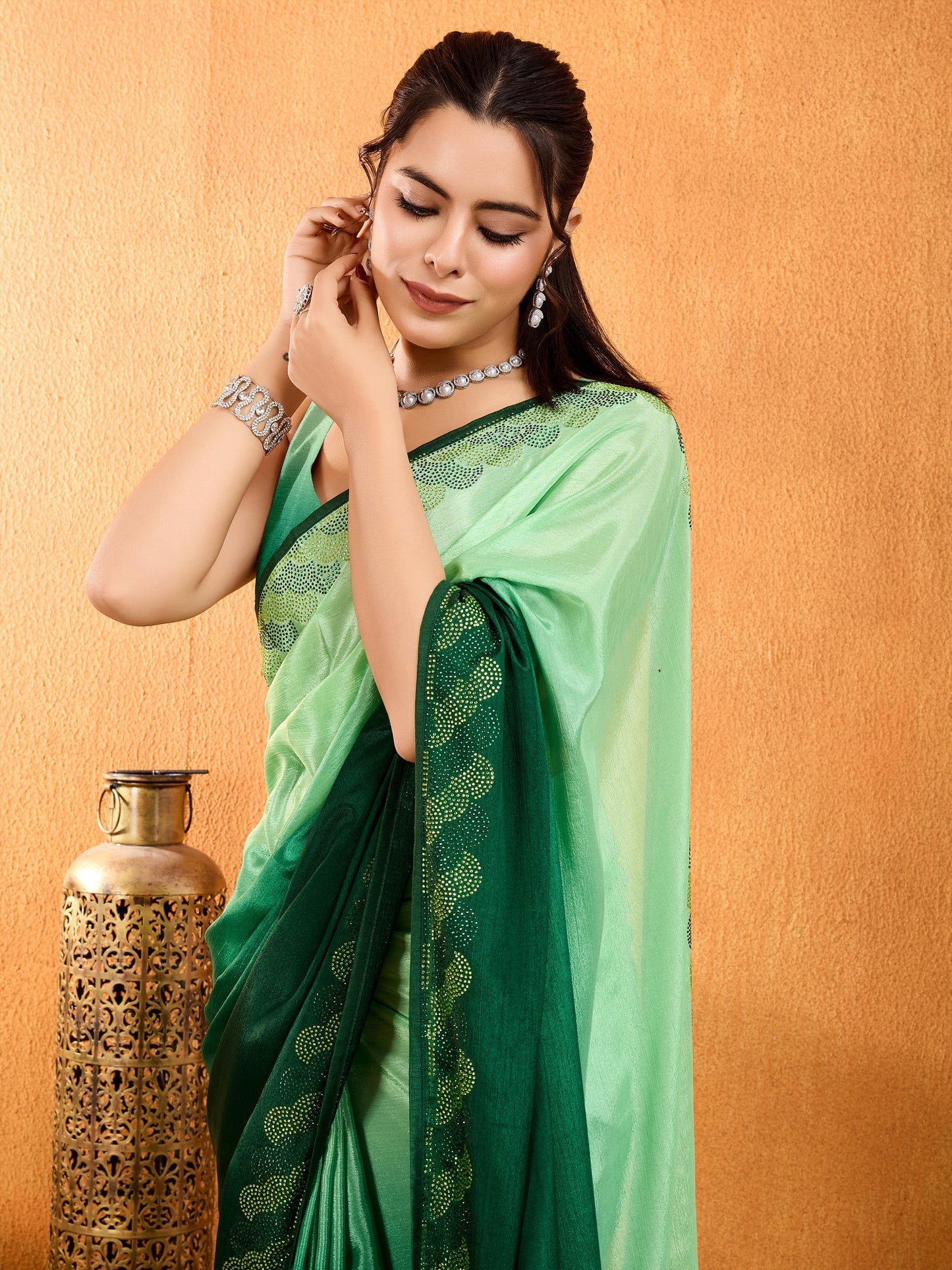 Rangira – Emerald Green Shaded Chinnon Saree with Swarovski Diamond Work