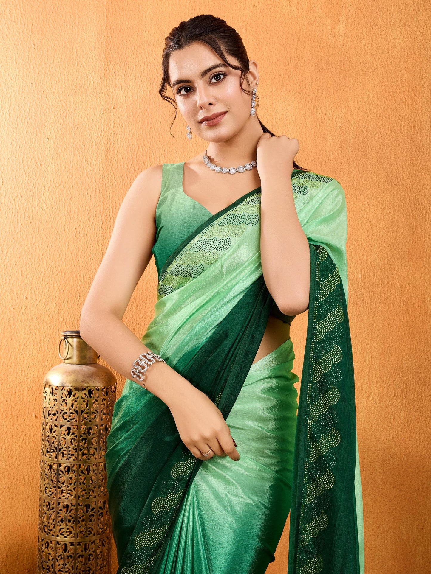 Rangira – Emerald Green Shaded Chinnon Saree with Swarovski Diamond Work