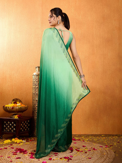 Rangira – Emerald Green Shaded Chinnon Saree with Swarovski Diamond Work