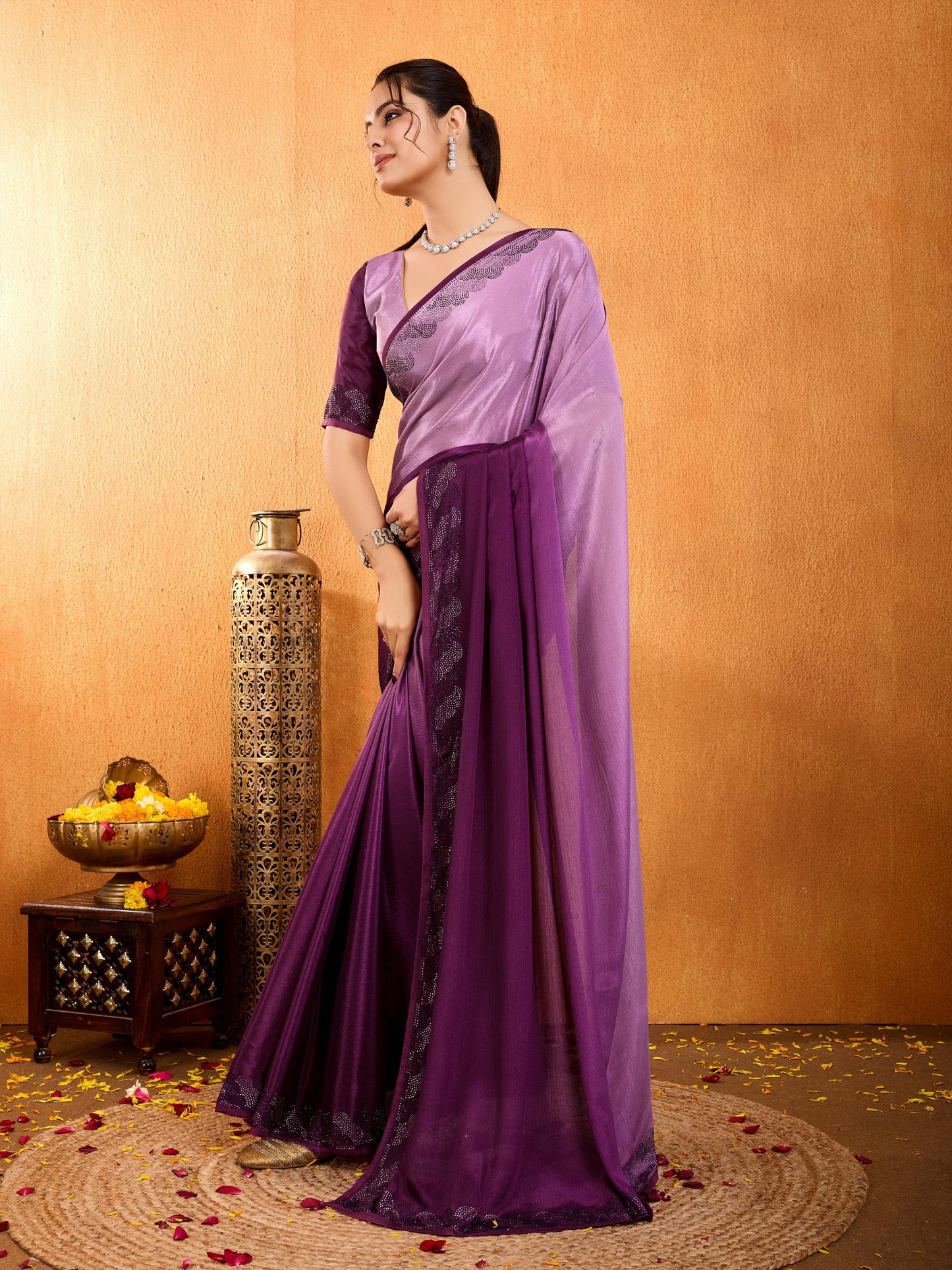 Rangira – Orchid Purple Shaded Chinnon Saree with Swarovski Diamond Work