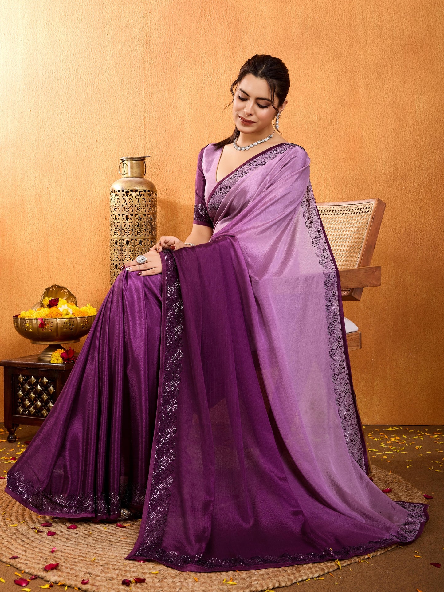 Rangira – Orchid Purple Shaded Chinnon Saree with Swarovski Diamond Work