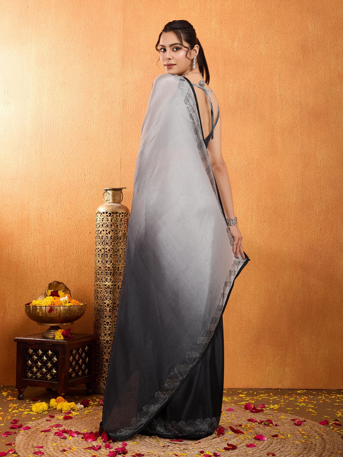 Rangira – Smoky Grey Shaded Chinnon Saree with Swarovski Diamond Work