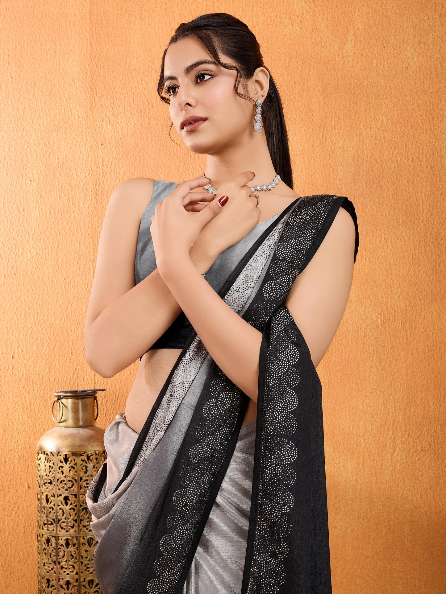 Rangira – Smoky Grey Shaded Chinnon Saree with Swarovski Diamond Work