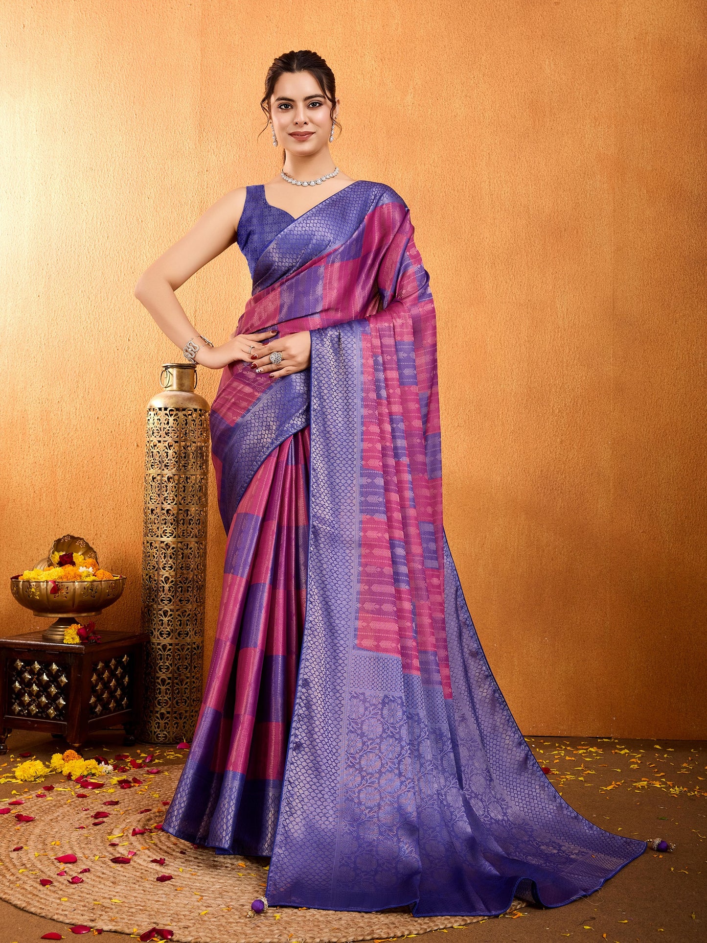 Latest Royal Blue & Pink Mysore Brocade Silk Saree