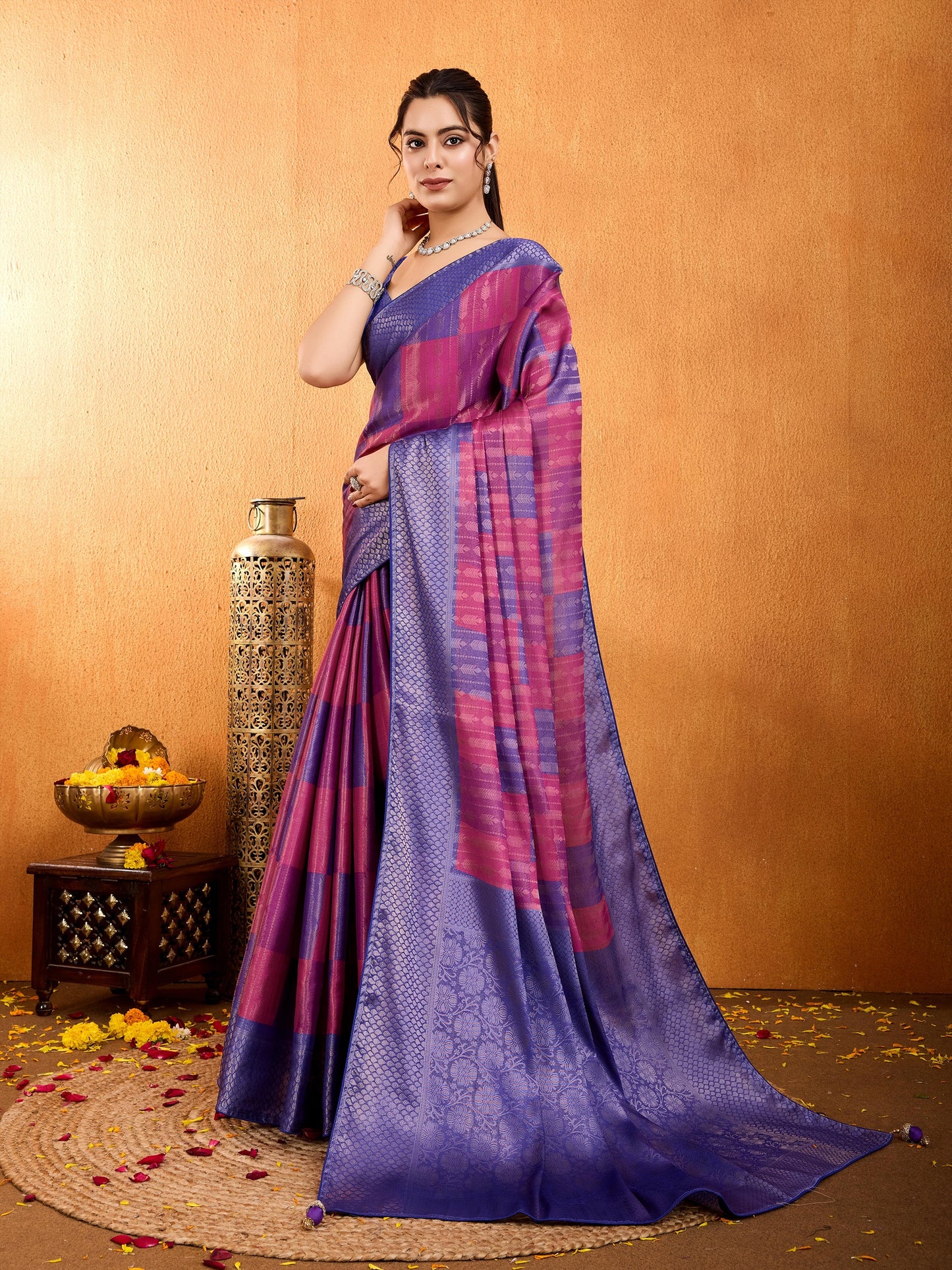 Latest Royal Blue & Pink Mysore Brocade Silk Saree