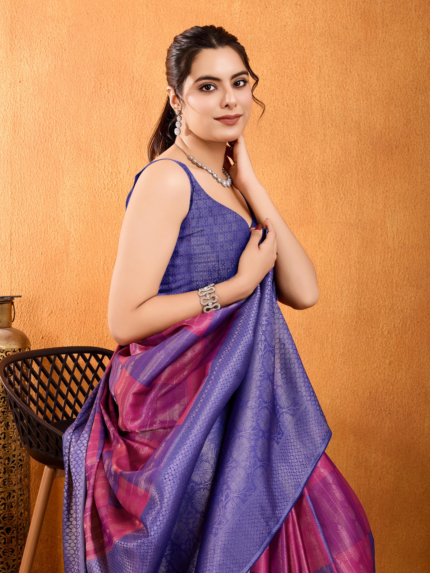 Latest Royal Blue & Pink Mysore Brocade Silk Saree