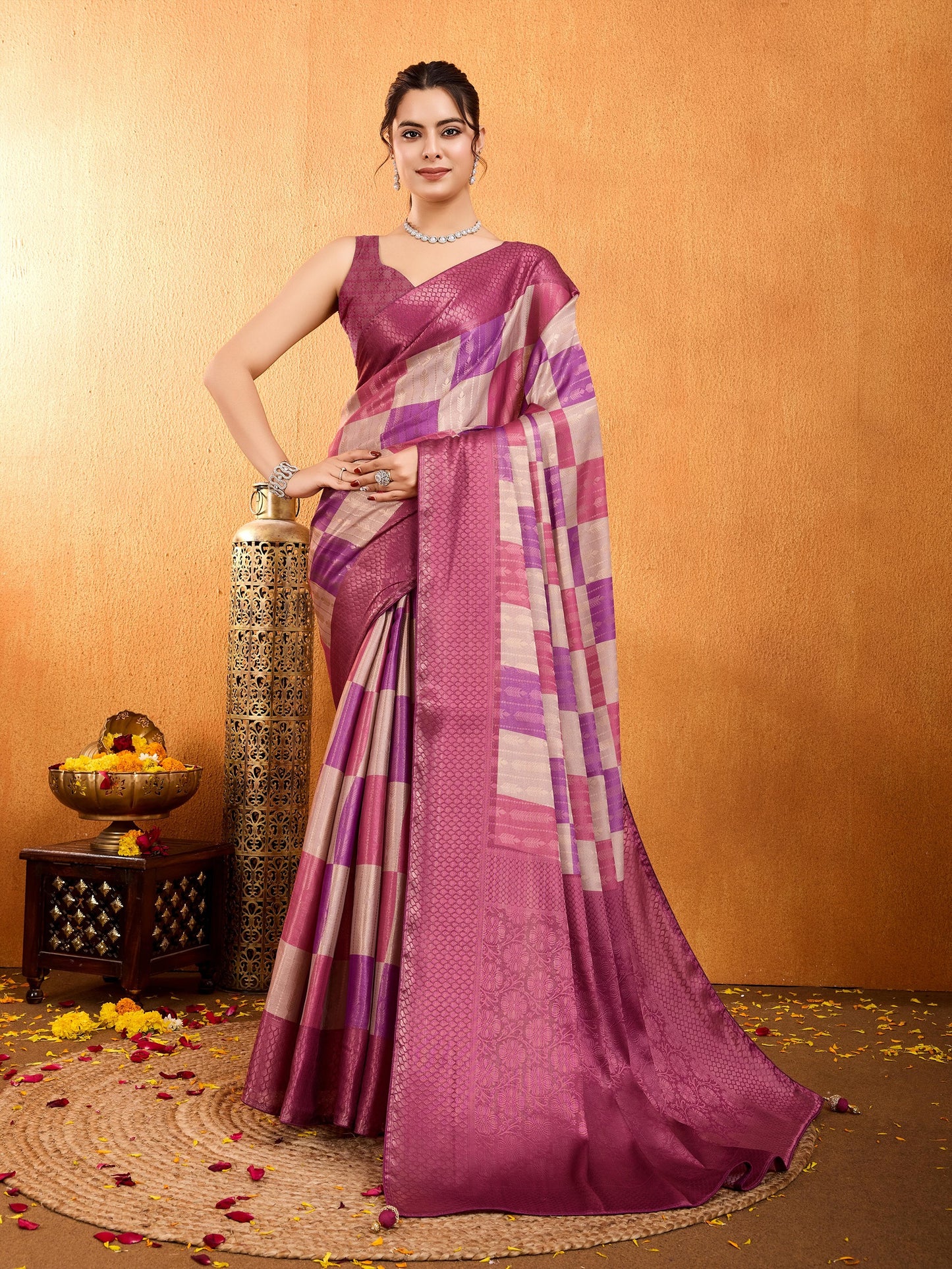 Latest Onion Pink Mysore Brocade Silk Saree