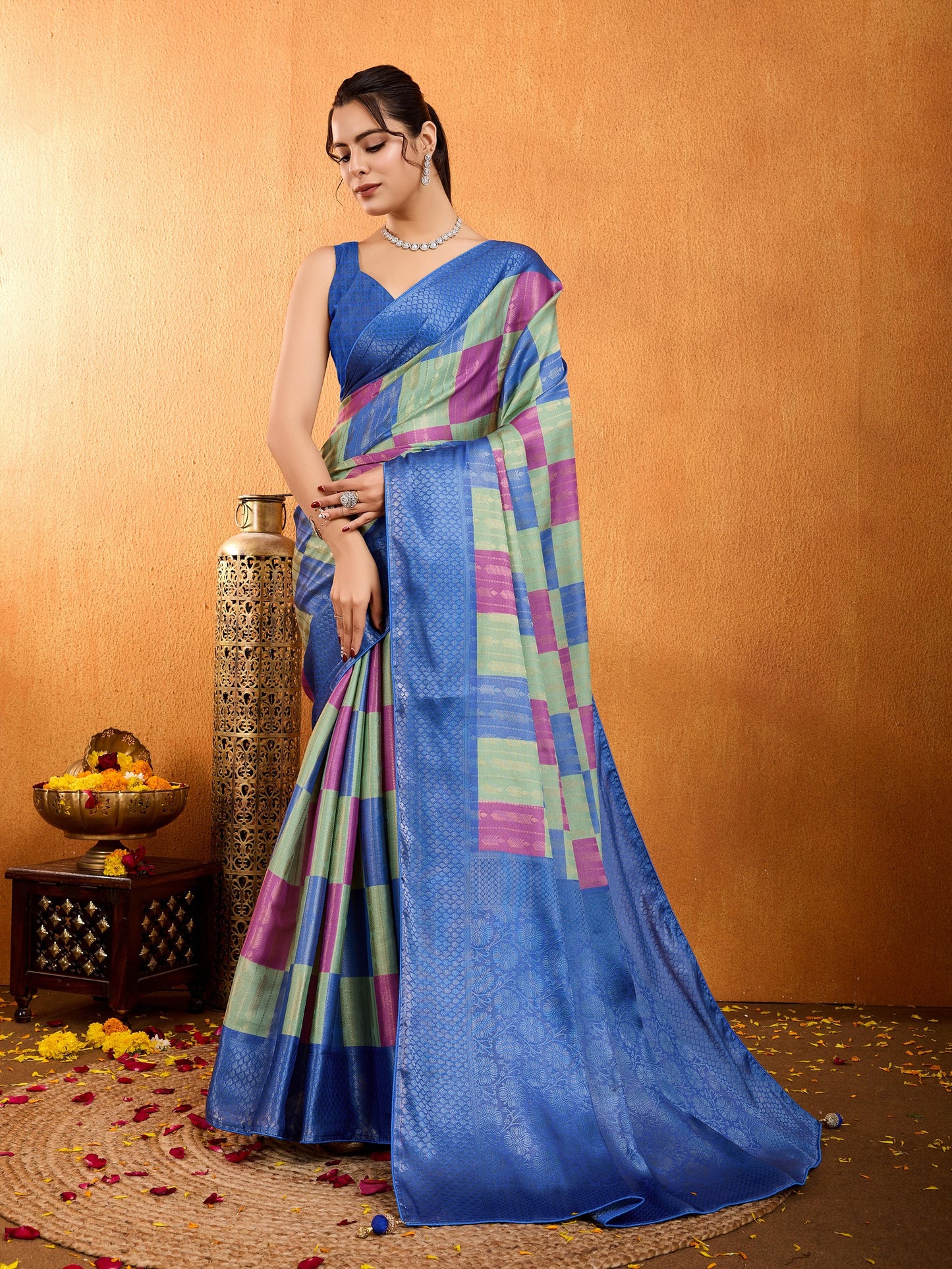 Regal Elegance in Blue & Light Green Mysore Brocade Silk Saree