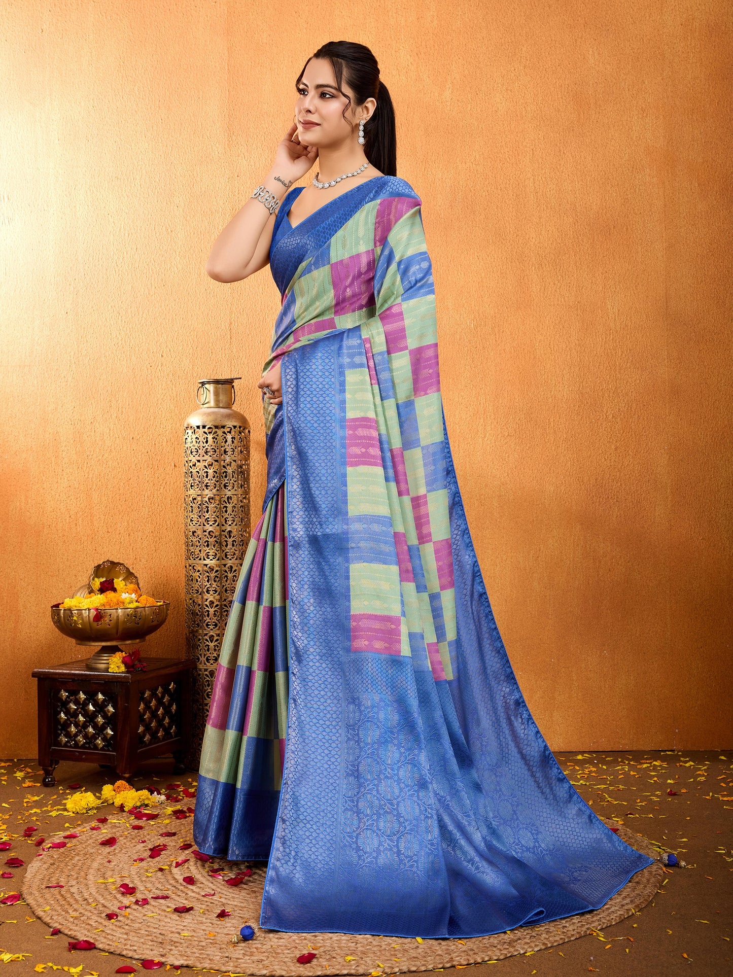 Regal Elegance in Blue & Light Green Mysore Brocade Silk Saree