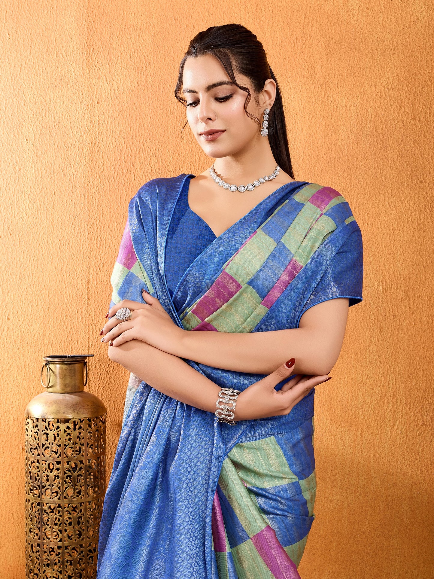 Regal Elegance in Blue & Light Green Mysore Brocade Silk Saree