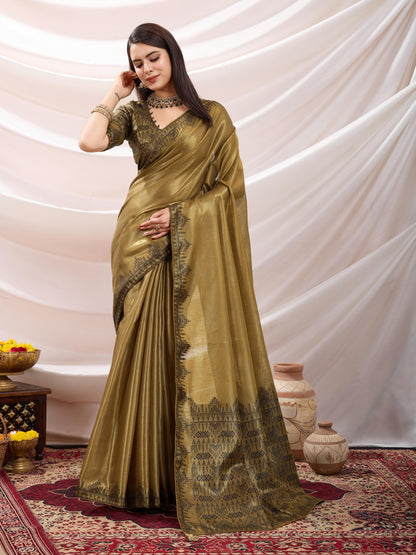 Zayra Golden Brown Linen Tissue Saree with Black Thread & Zari Weaving, Designer Pallu & Tassels