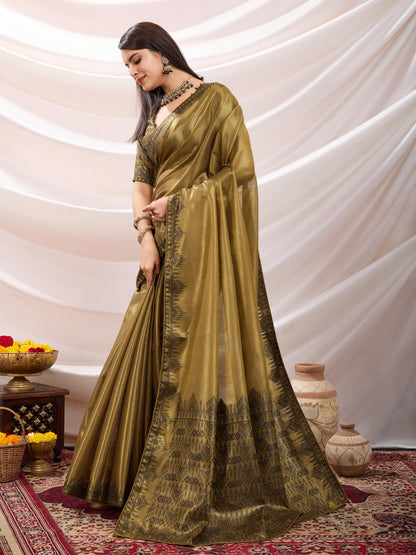 Zayra Golden Brown Linen Tissue Saree with Black Thread & Zari Weaving, Designer Pallu & Tassels