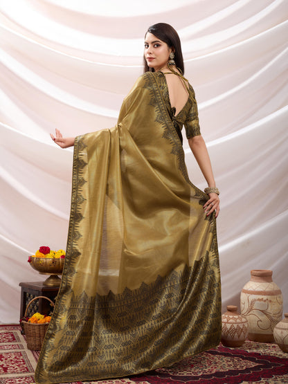 Zayra Golden Brown Linen Tissue Saree with Black Thread & Zari Weaving, Designer Pallu & Tassels