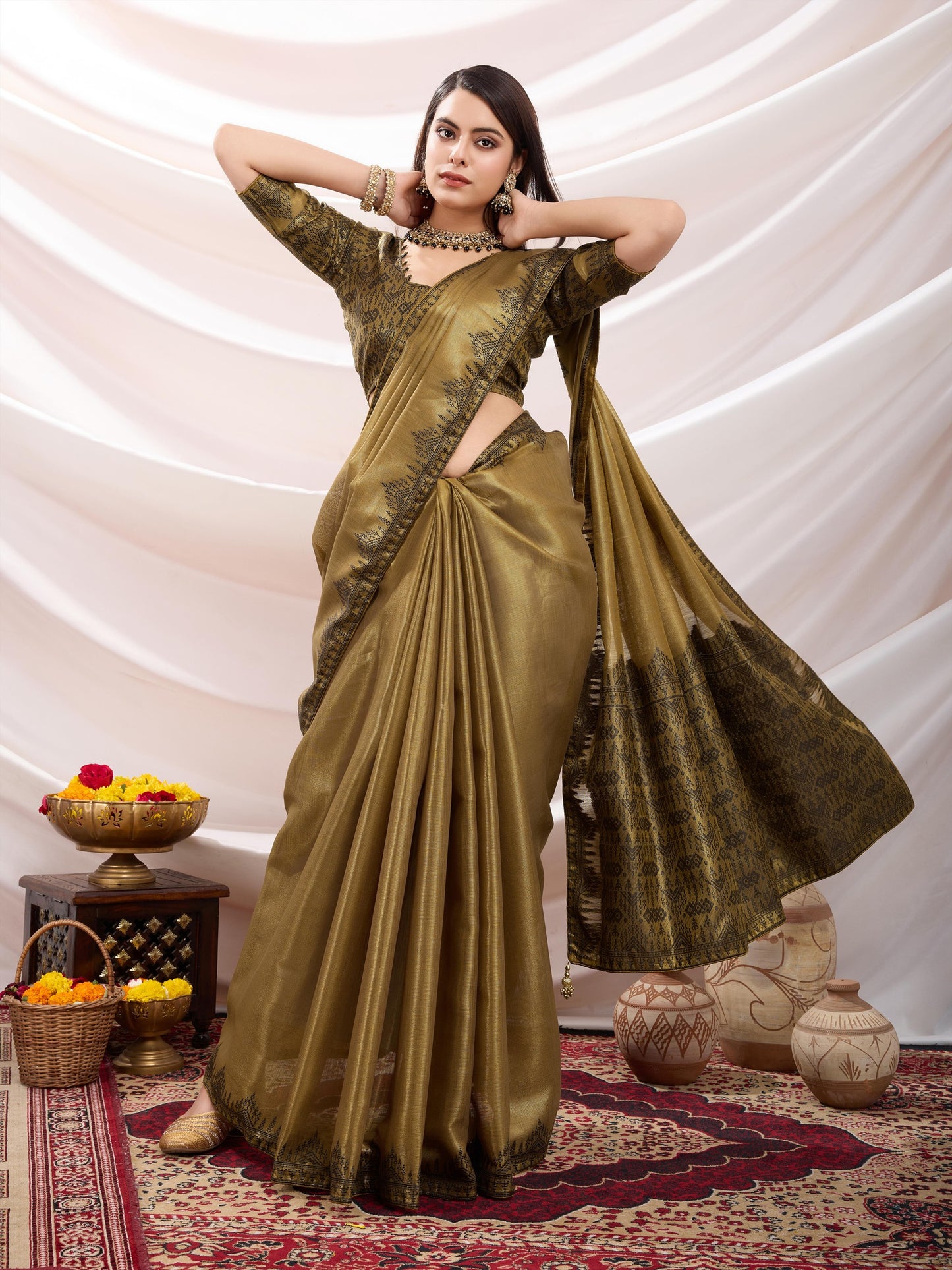 Zayra Golden Brown Linen Tissue Saree with Black Thread & Zari Weaving, Designer Pallu & Tassels