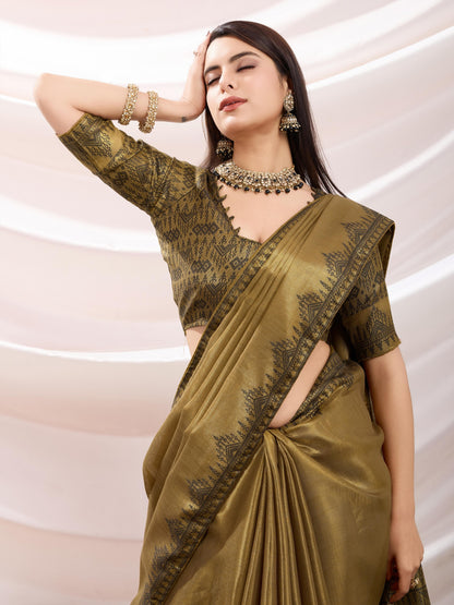 Zayra Golden Brown Linen Tissue Saree with Black Thread & Zari Weaving, Designer Pallu & Tassels