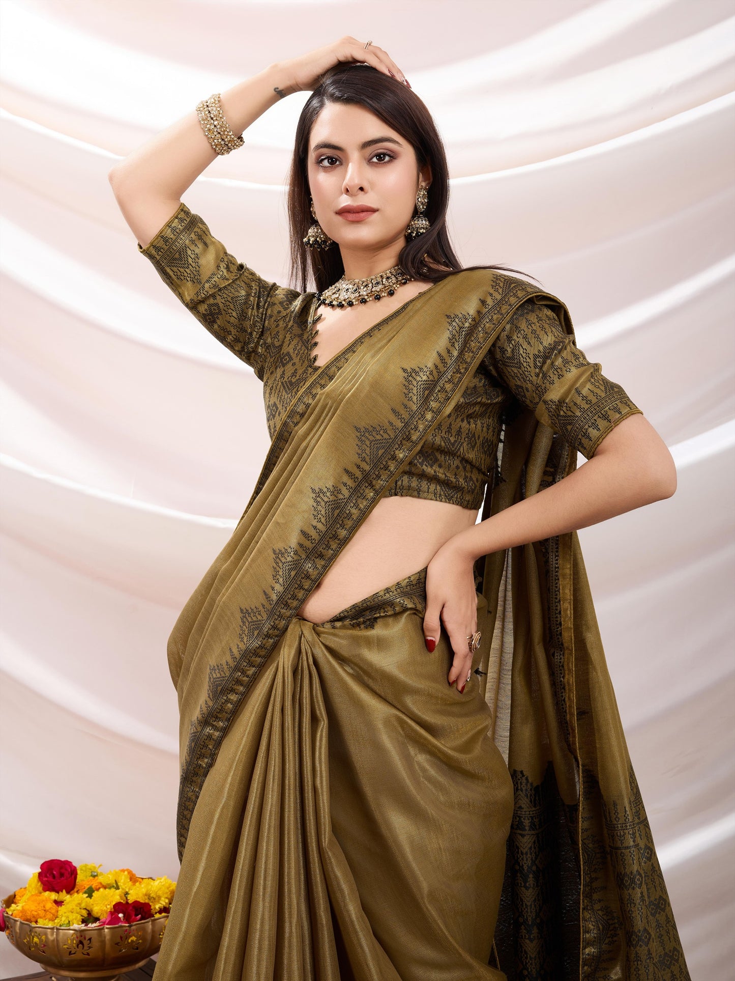 Zayra Golden Brown Linen Tissue Saree with Black Thread & Zari Weaving, Designer Pallu & Tassels