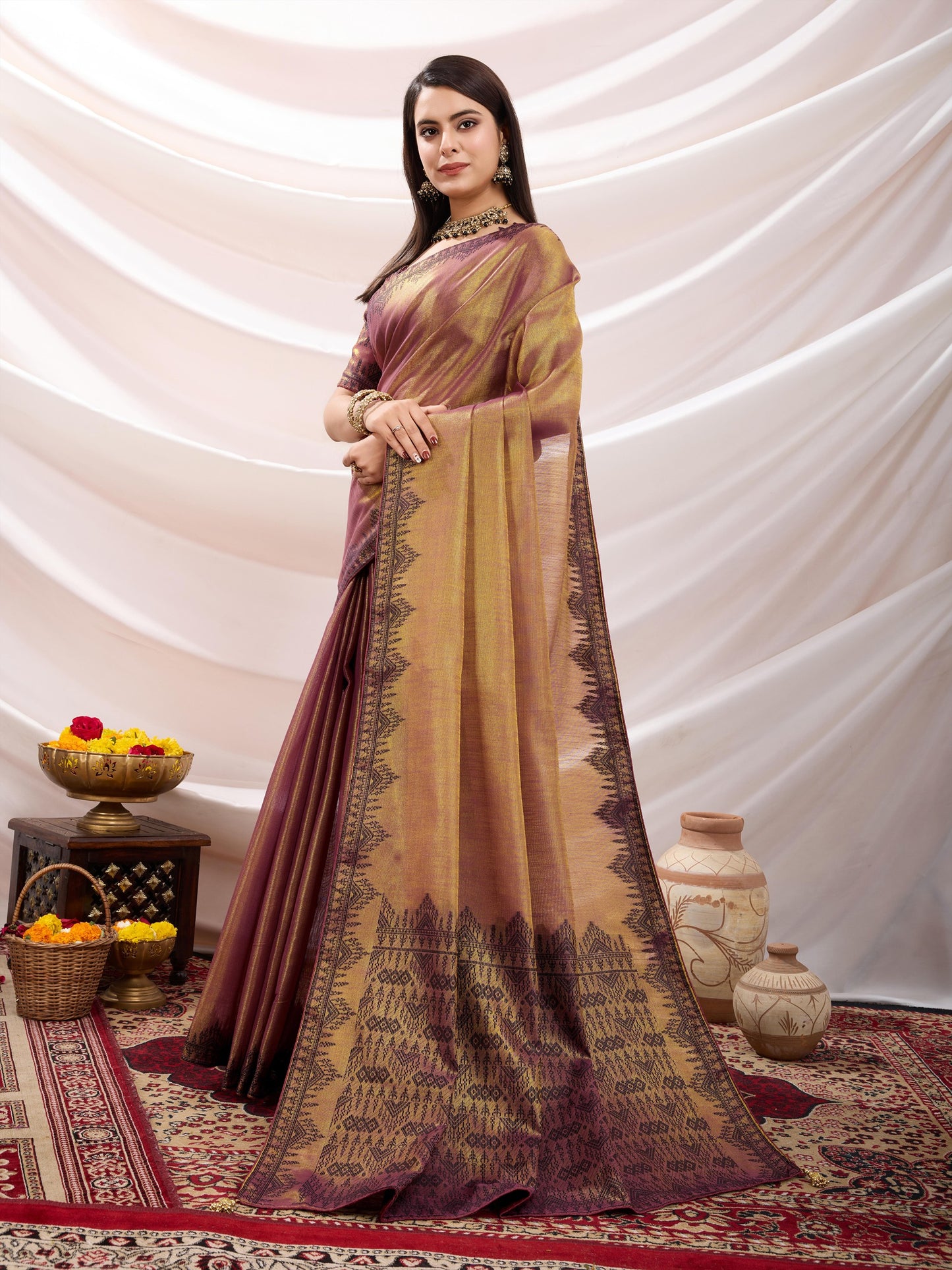 Zayra Golden Beige Linen Tissue Saree with Black Thread & Zari Weaving, Designer Pallu & Tassels