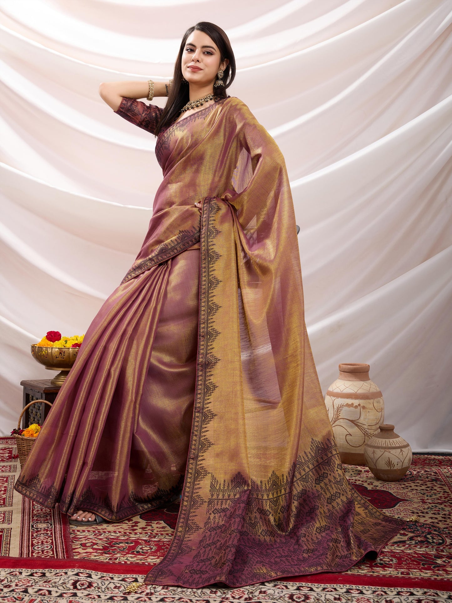 Zayra Golden Beige Linen Tissue Saree with Black Thread & Zari Weaving, Designer Pallu & Tassels