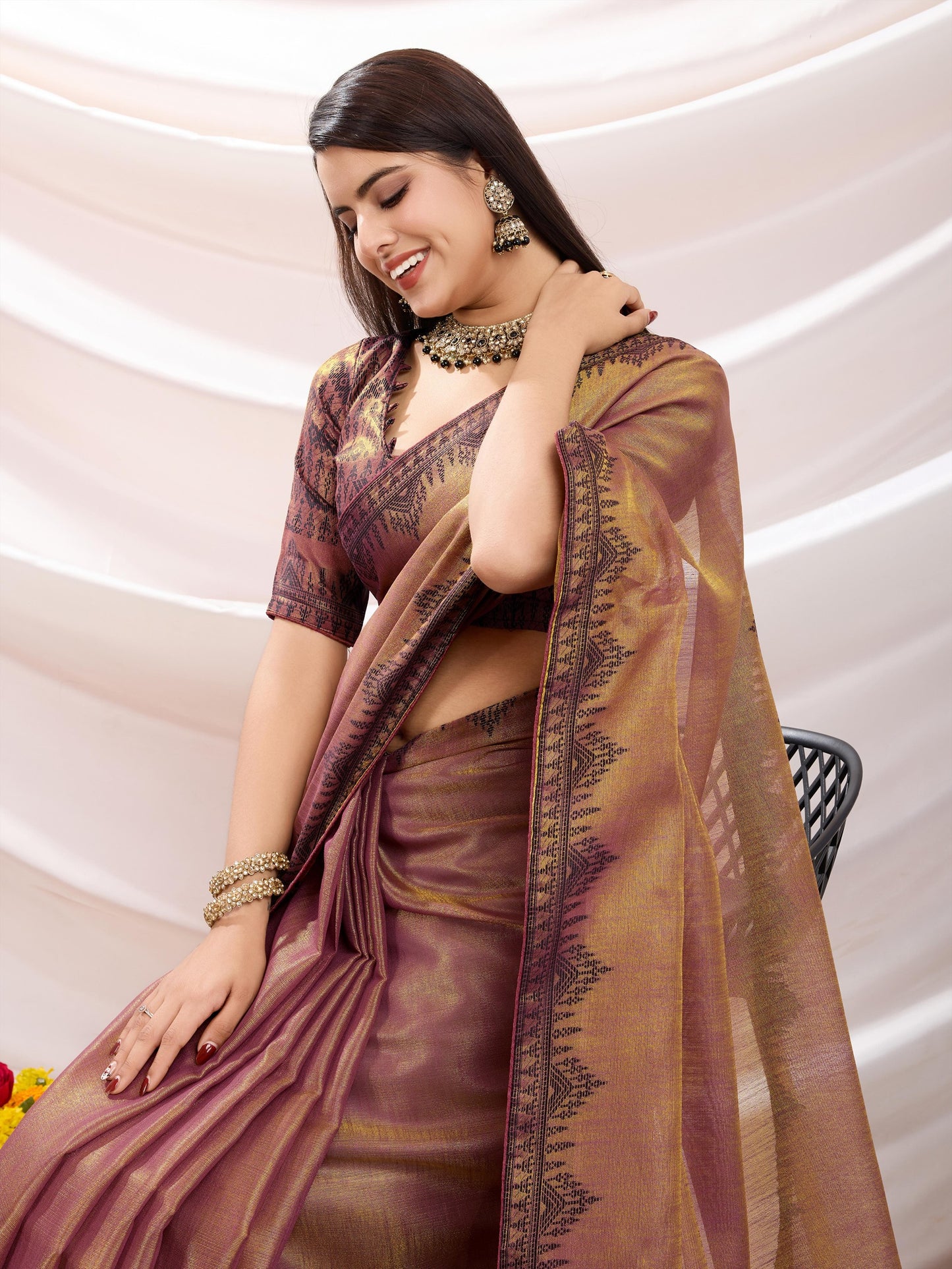 Zayra Golden Beige Linen Tissue Saree with Black Thread & Zari Weaving, Designer Pallu & Tassels