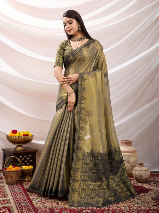 Elegant Golden-Yellow Linen Tissue Saree with Black Thread & Zari Weaving – Designer Blouse & Tassels