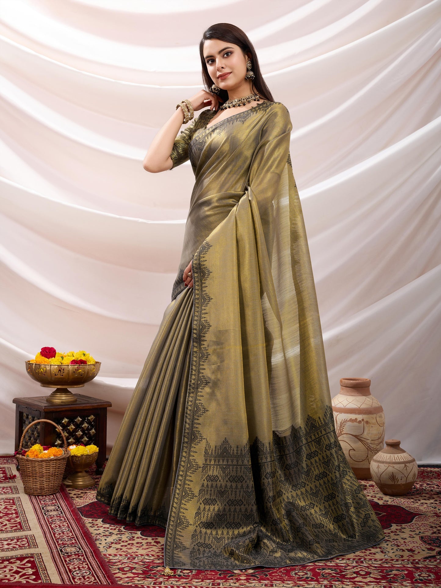 Elegant Golden-Yellow Linen Tissue Saree with Black Thread & Zari Weaving – Designer Blouse & Tassels