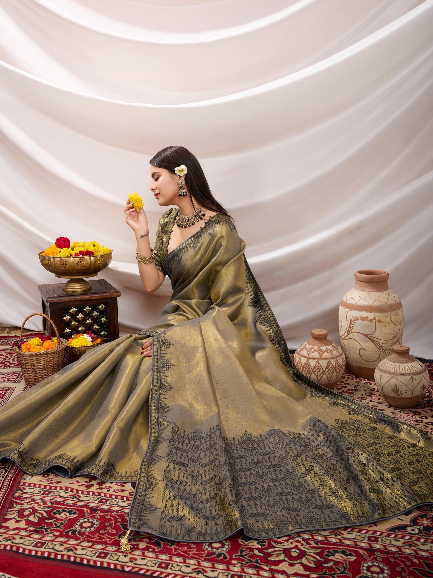 Elegant Golden-Yellow Linen Tissue Saree with Black Thread & Zari Weaving – Designer Blouse & Tassels