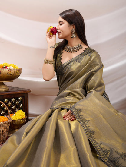 Elegant Golden-Yellow Linen Tissue Saree with Black Thread & Zari Weaving – Designer Blouse & Tassels