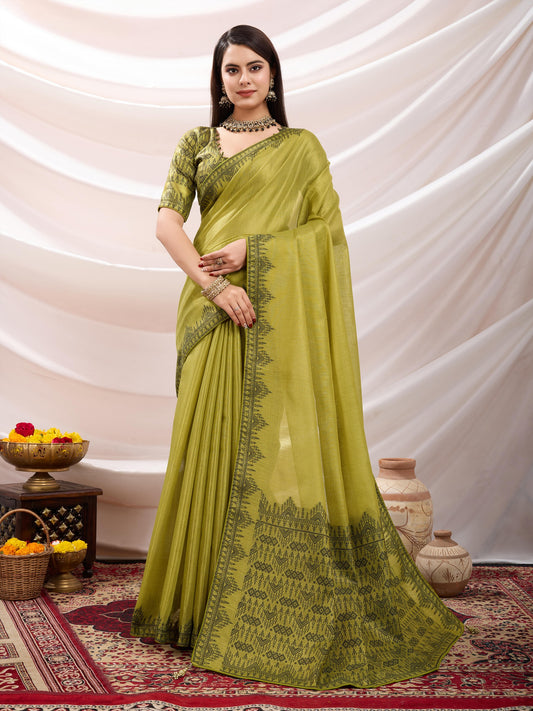 Golden Mustard Linen Tissue Saree with Black Thread & Zari Weaving – Designer Blouse & Tassels