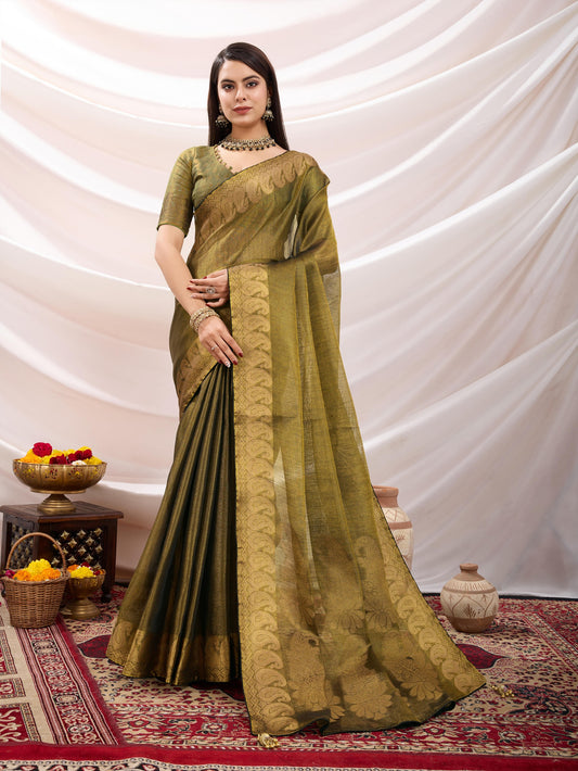 Antique Gold Linen Tissue Saree with Black Thread & Zari Weaving – Designer Blouse & Tassels