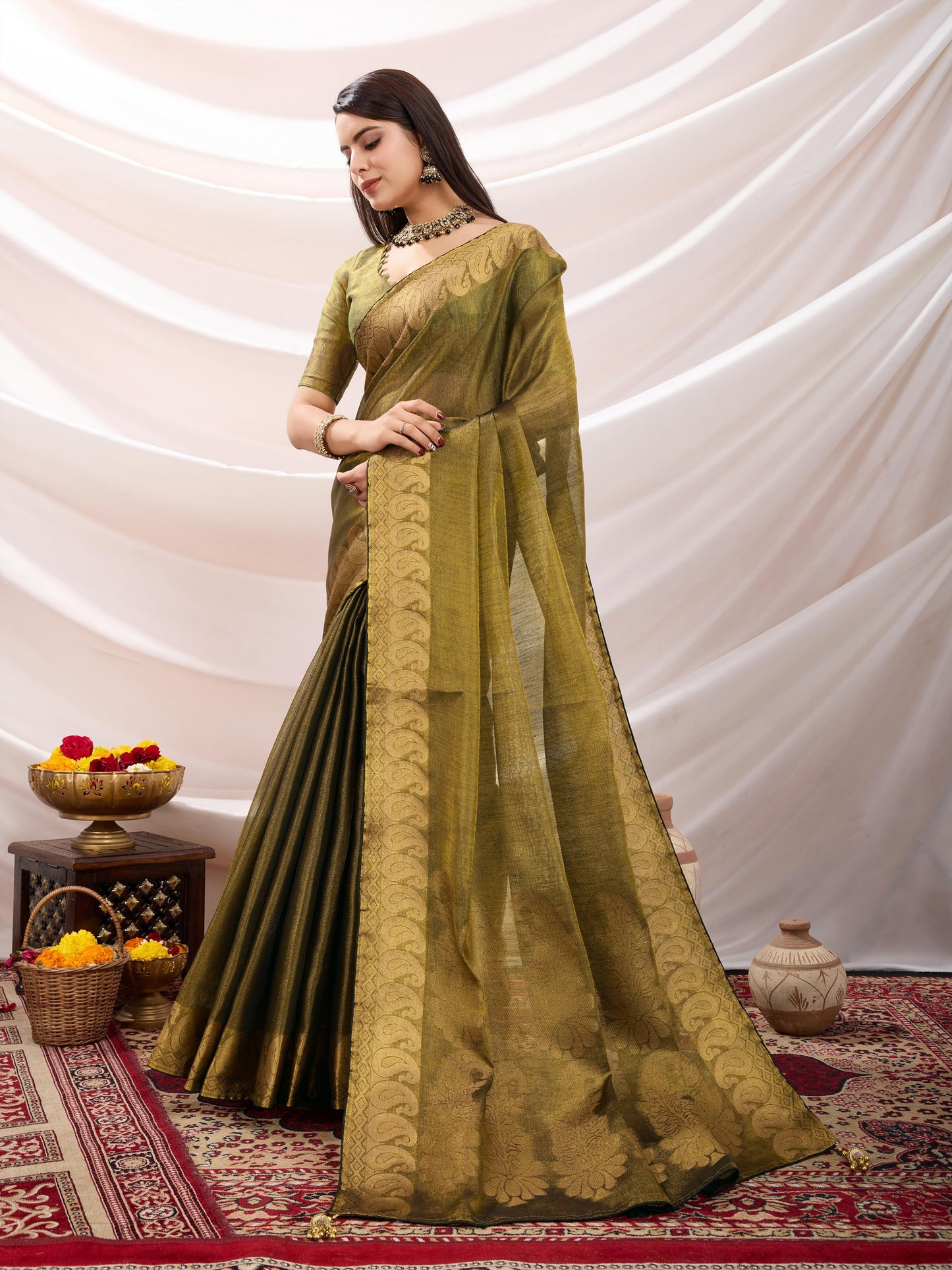 Antique Gold Linen Tissue Saree with Black Thread & Zari Weaving – Designer Blouse & Tassels