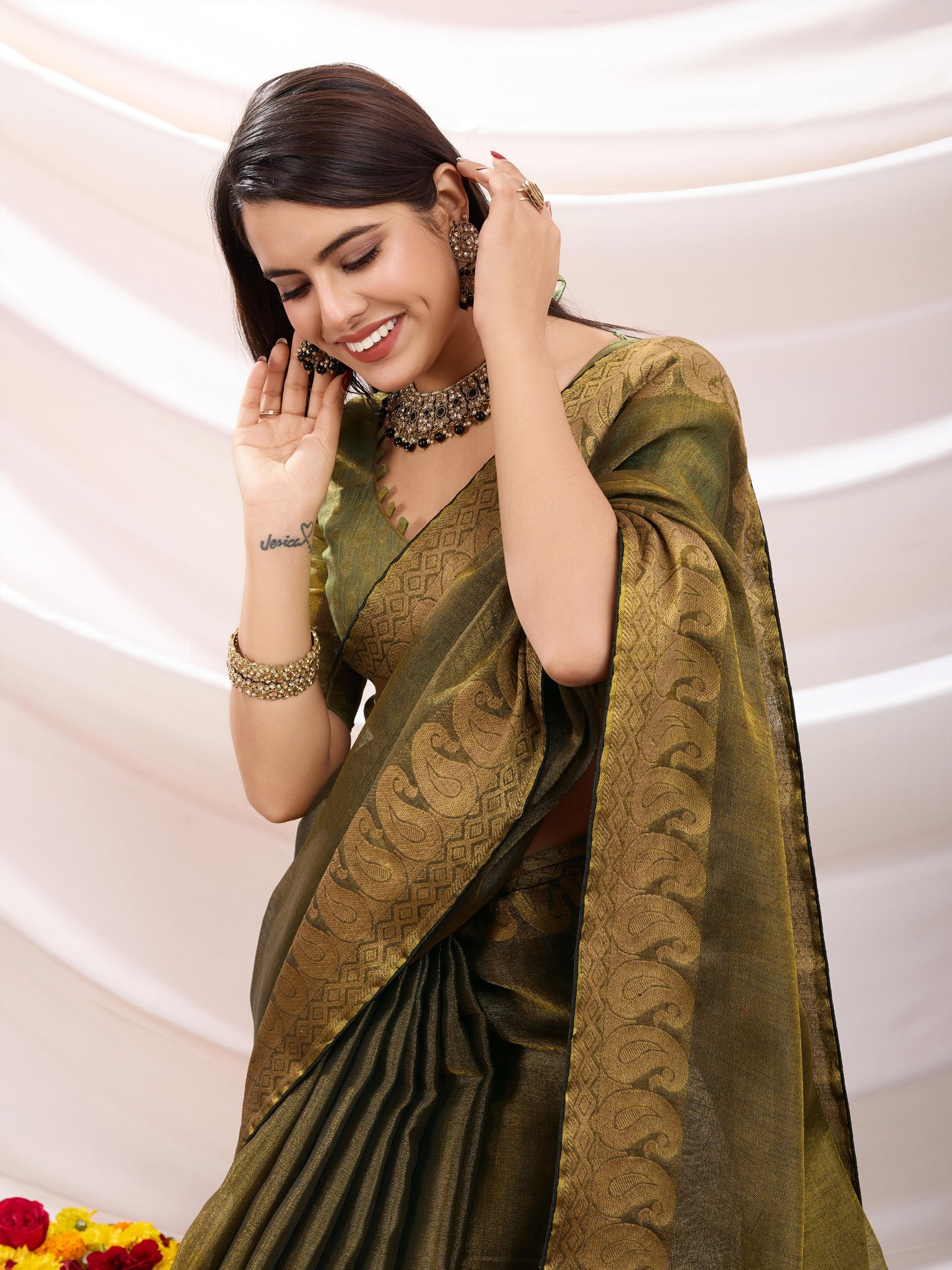 Antique Gold Linen Tissue Saree with Black Thread & Zari Weaving – Designer Blouse & Tassels