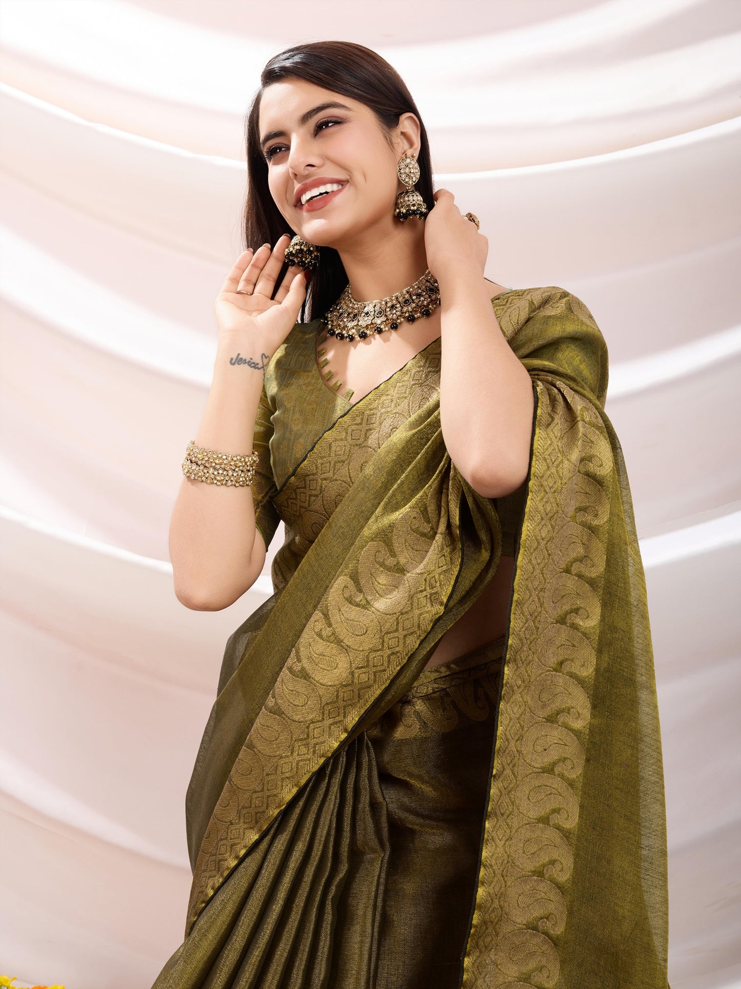 Antique Gold Linen Tissue Saree with Black Thread & Zari Weaving – Designer Blouse & Tassels