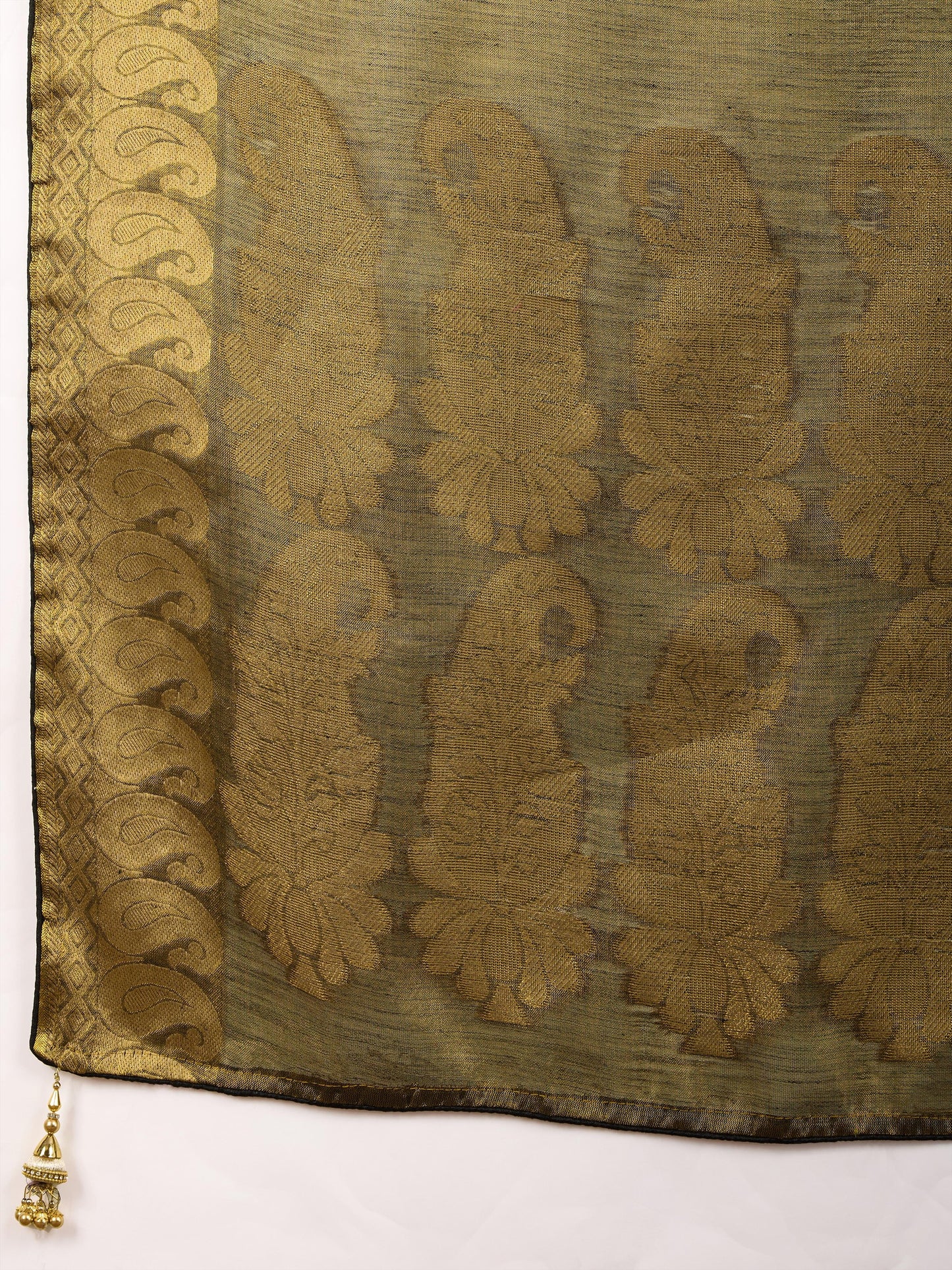 Antique Gold Linen Tissue Saree with Black Thread & Zari Weaving – Designer Blouse & Tassels