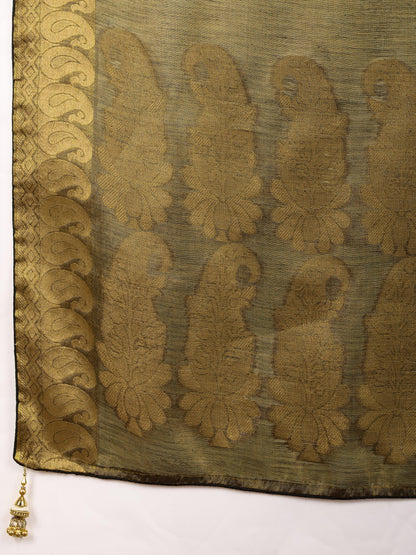 Antique Gold Linen Tissue Saree with Black Thread & Zari Weaving – Designer Blouse & Tassels