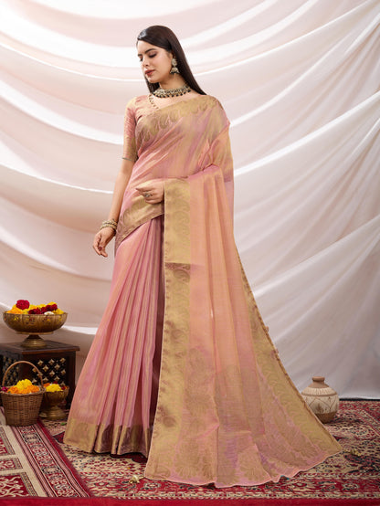 Peach Pink Linen Tissue Saree with Black Thread & Zari Weaving – Designer Blouse & Tassels