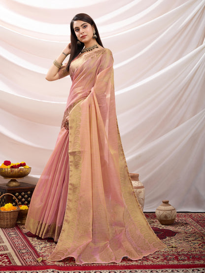 Peach Pink Linen Tissue Saree with Black Thread & Zari Weaving – Designer Blouse & Tassels