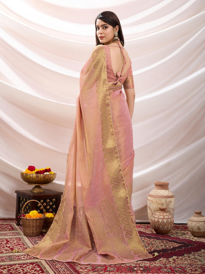 Peach Pink Linen Tissue Saree with Black Thread & Zari Weaving – Designer Blouse & Tassels