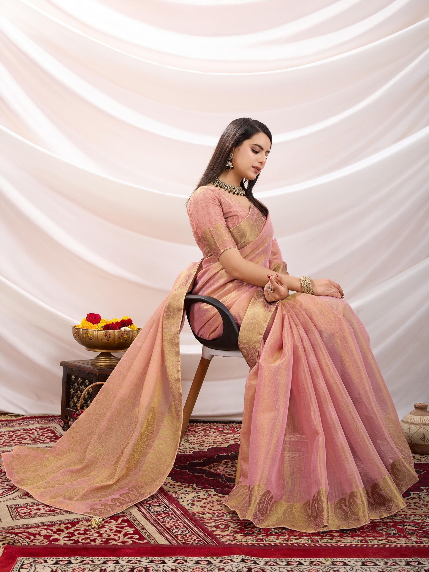 Peach Pink Linen Tissue Saree with Black Thread & Zari Weaving – Designer Blouse & Tassels