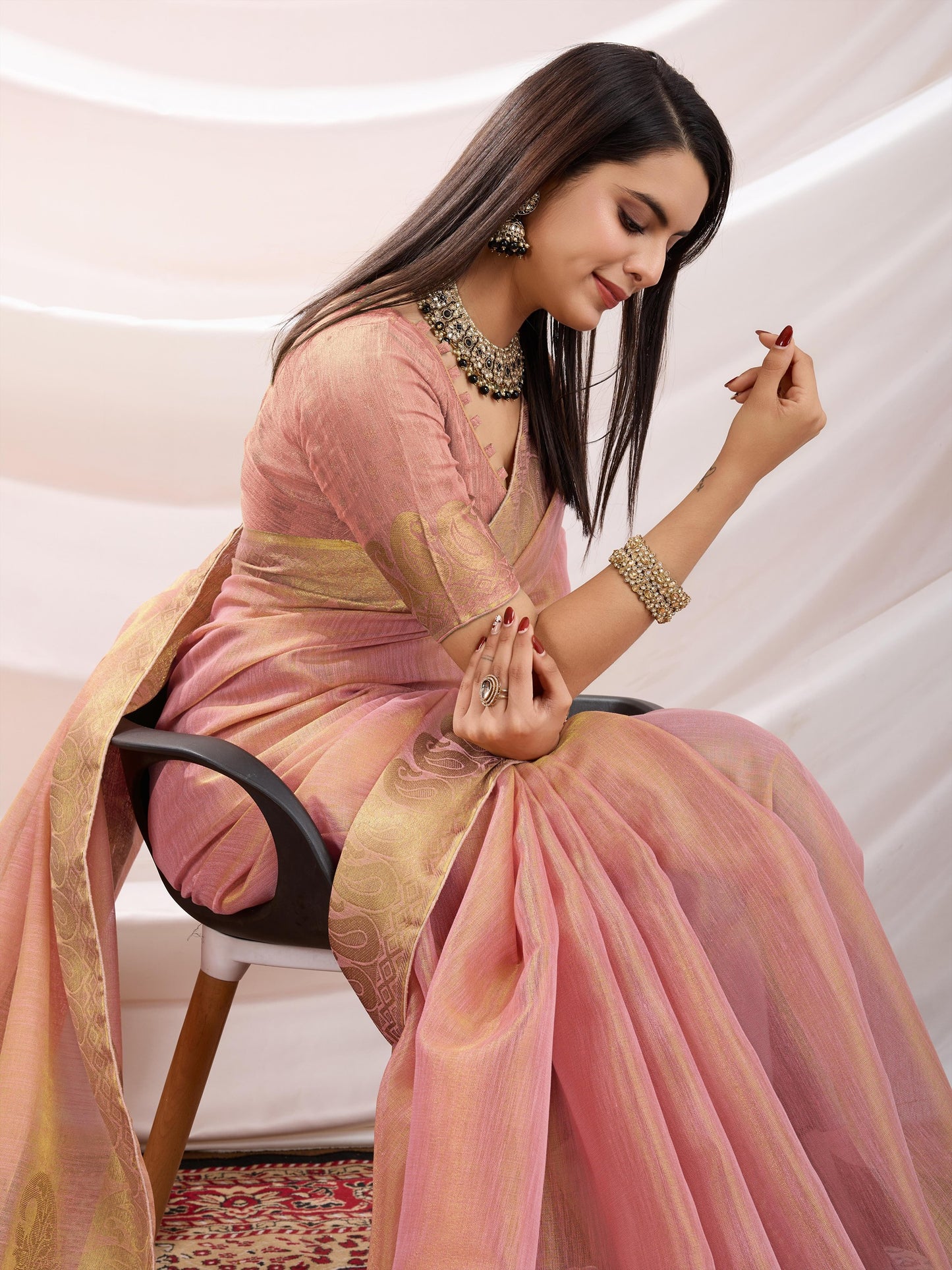 Peach Pink Linen Tissue Saree with Black Thread & Zari Weaving – Designer Blouse & Tassels