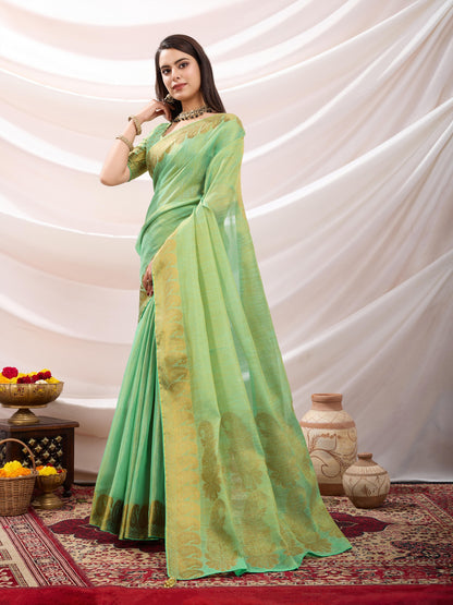 Pastel Green Linen Tissue Saree with Black Thread & Zari Weaving – Designer Blouse & Tassels